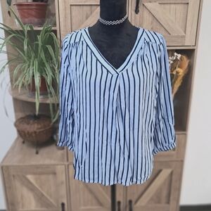 St. John's Bay Blue Striped Blouse V-Neck 3/4 Sleeve Relaxed Fit Coastal Vibes